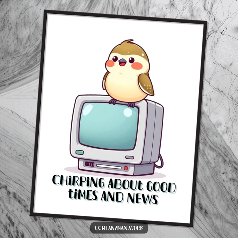 Funny Free Printable Wall Art: A happy chickadee perched on a miniature computer monitor, chirping joyfully, perfect for downloadable decor.