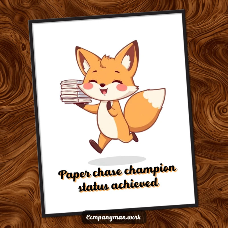 Funny Free Printable Wall Art: A joyful fox happily skipping with a large stack of papers, perfect for desk or office humor.