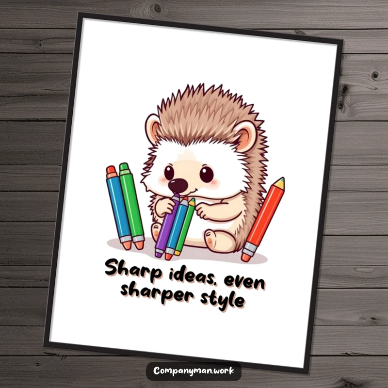 Funny Free Printable Wall Art: A determined hedgehog using its nose to sort pens, perfect for humorous downloadable decor.