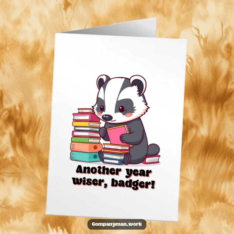 Funny Free Printable Birthday Card: A busy badger meticulously stacking colorful folders, ready to organize a fun celebration.