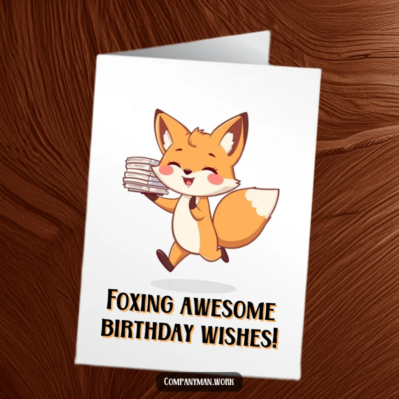 Funny Free Printable Birthday Card: Joyful fox skipping with a huge stack of papers, ready to celebrate with a smile.