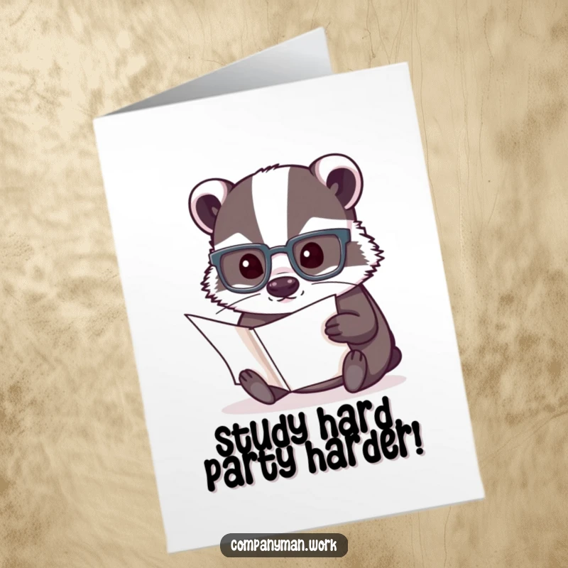 Funny Free Printable Birthday Card of a badger in reading glasses intensely studying a document, ready to celebrate.