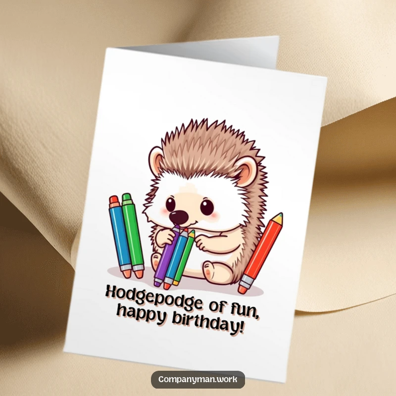 Funny Free Printable Birthday Card: Hedgehog meticulously sorting pens with its nose, a hilarious downloadable greeting.