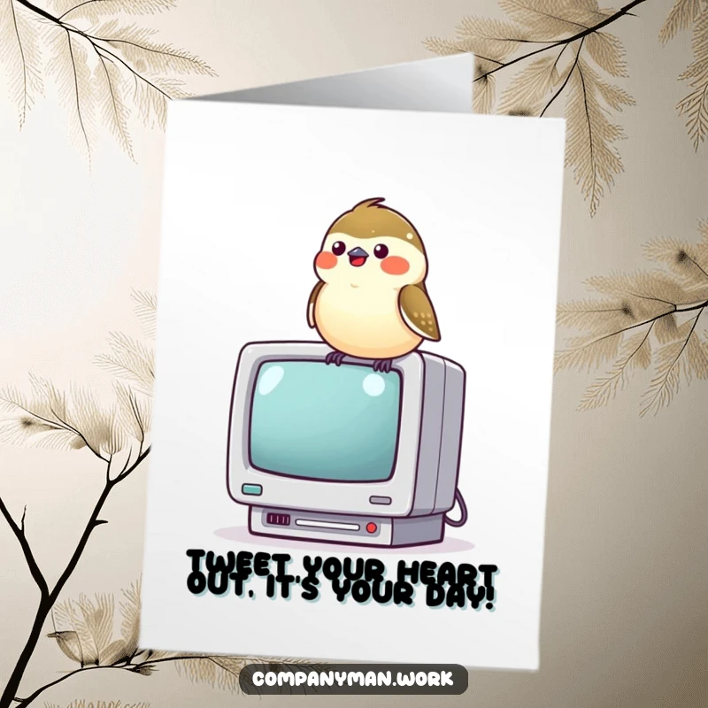 Funny Free Printable Birthday Card: Cheerful chickadee chirping on a tiny computer monitor, great for a humorous downloadable birthday wish.