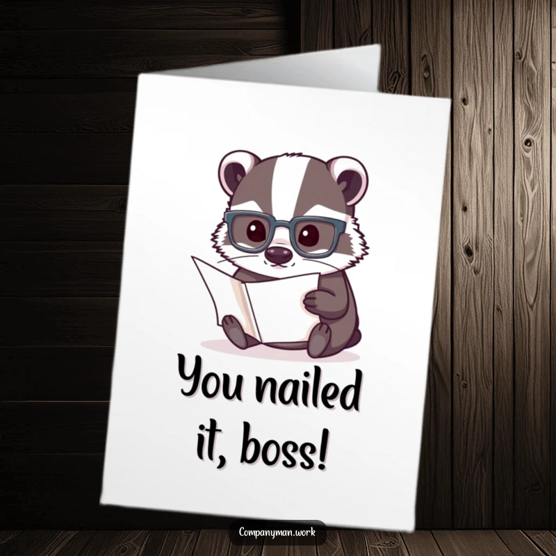 Funny Free Printable Congratulations Card showing a smart badger with glasses, celebrating a big achievement with documents.