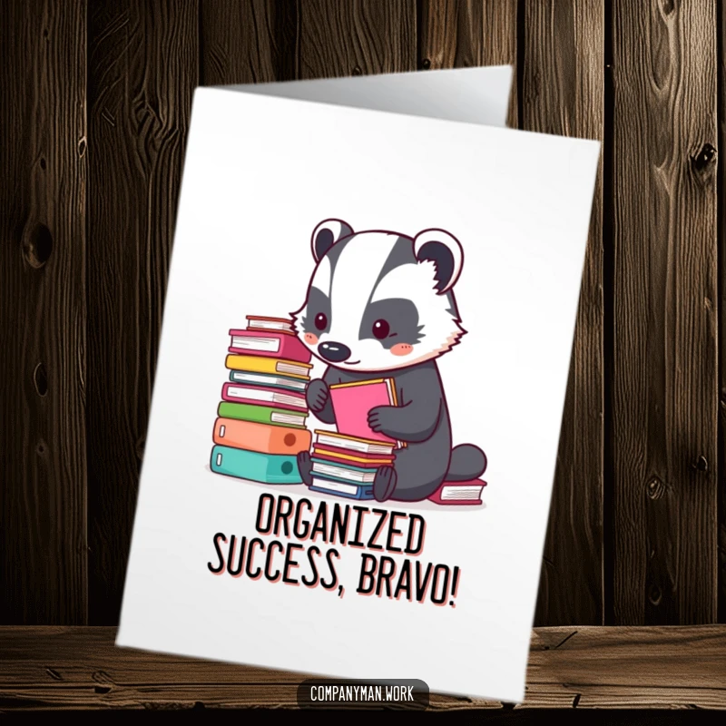 Funny Free Printable Congratulations Card: A busy badger carefully organizing small stacks of colorful folders, celebrating success.