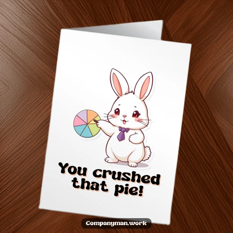 Funny Free Printable Congratulations Card: Rabbit in a tie points at pie chart, showing impressive results with enthusiasm.