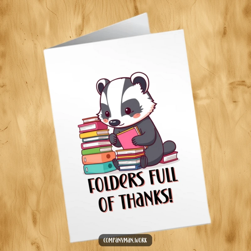 Funny Free Printable Thank You Card: A busy badger meticulously arranging tiny stacks of colorful folders, showing appreciation.
