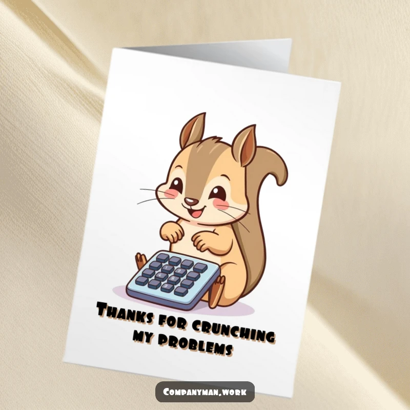 Funny Free Printable Thank You Card: Squirrel calculating thanks with its tiny calculator, a charming downloadable gift.