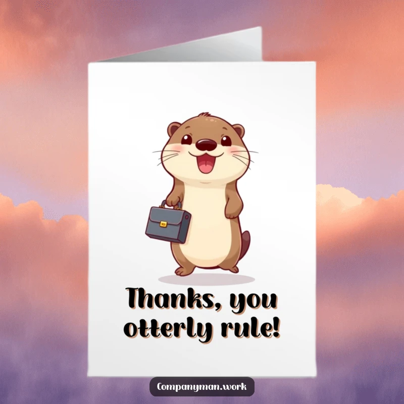 Funny Free Printable Thank You Card: A cheerful otter jumps with excitement holding a briefcase, a dynamic way to say thanks.