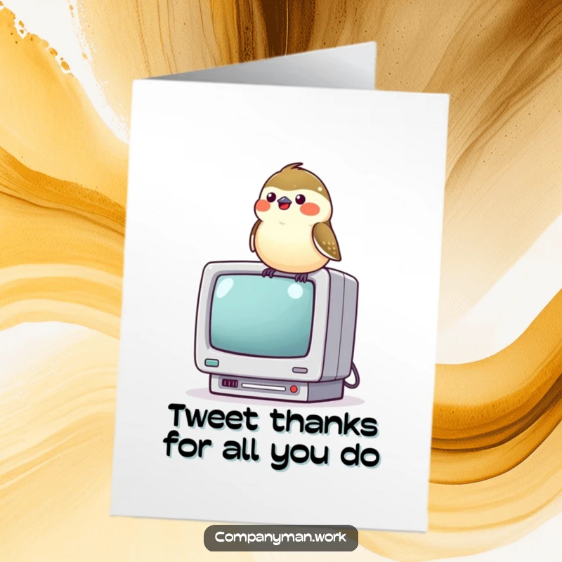 Funny Free Printable Thank You Card: A joyful chickadee singing on a small computer screen, a charming downloadable gift.