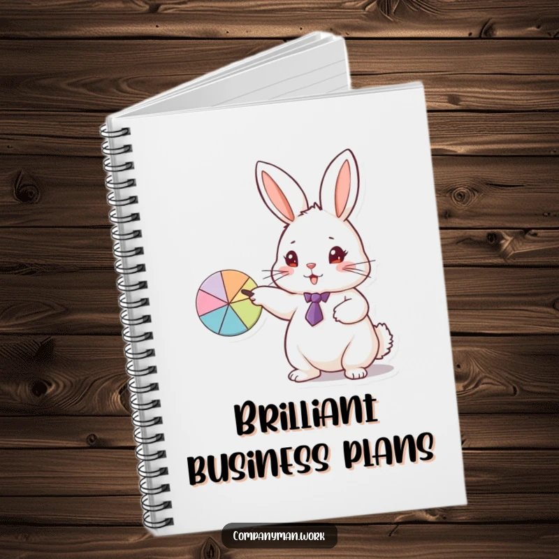 Funny notebook with a fluffy rabbit in a tie pointing at a pie chart, perfect for jotting down business ideas.