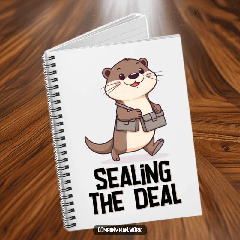 Funny otter with a briefcase walking determinedly, on a notebook, ideal for a funny gift and note-taking.