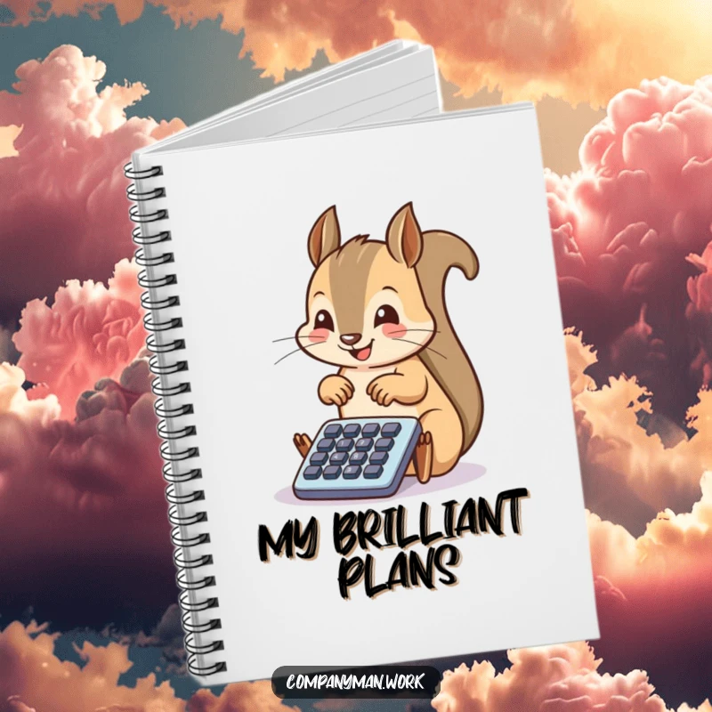 Funny squirrel engrossed in calculations on a tiny calculator, inspiring productivity and humor in this notebook.
