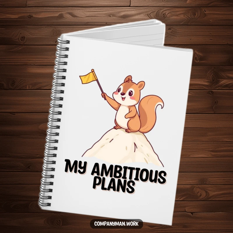 Funny notebook with a celebratory squirrel waving a flag at a summit, perfect for journaling achievements with humor.