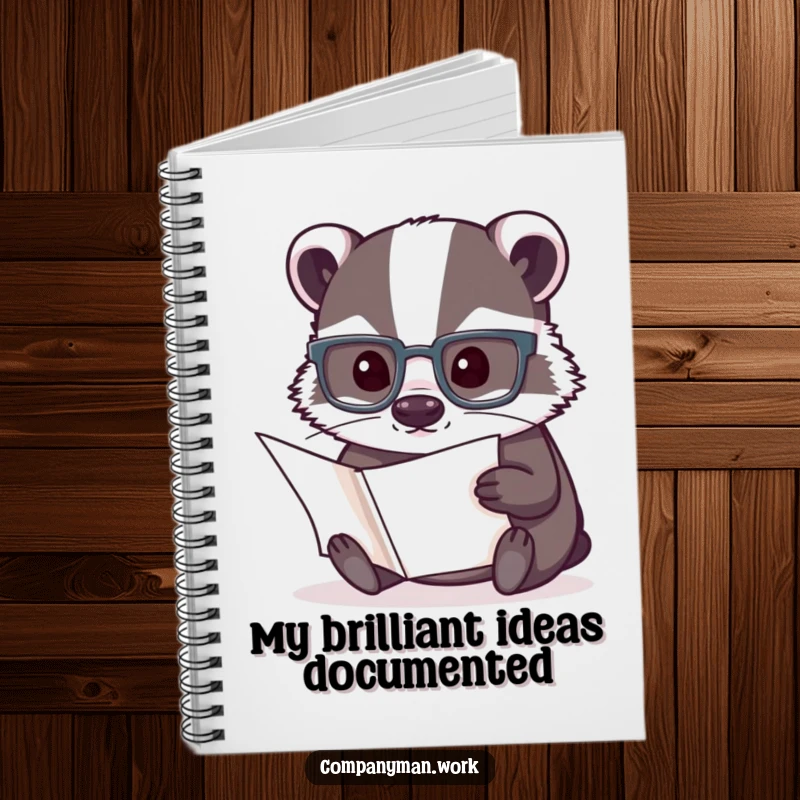 Funny notebook with a studious badger wearing reading glasses, perfect for capturing notes with a humorous and intelligent touch.