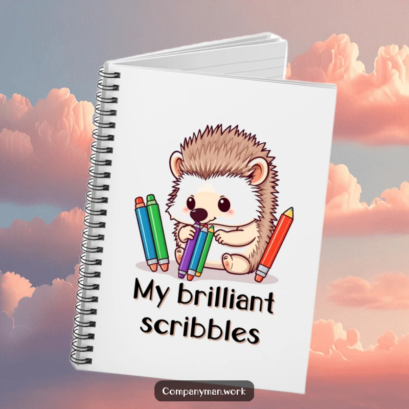 Funny hedgehog meticulously sorting pens with its nose, inspiring organization and creativity in this notebook.