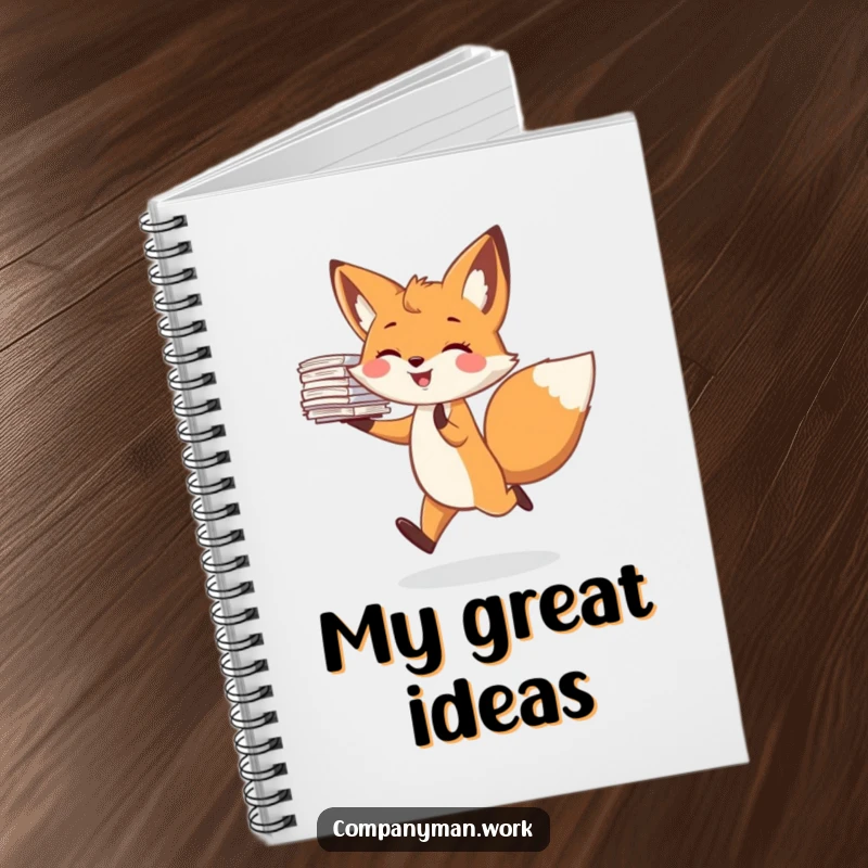 Funny notebook with a joyful fox character skipping merrily, holding a stack of papers. Ideal for jotting down notes and ideas.