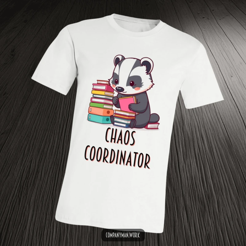 Funny t-shirt depicting a busy badger intently organizing tiny stacks of colorful folders with precision. A humorous ode to neatness.
