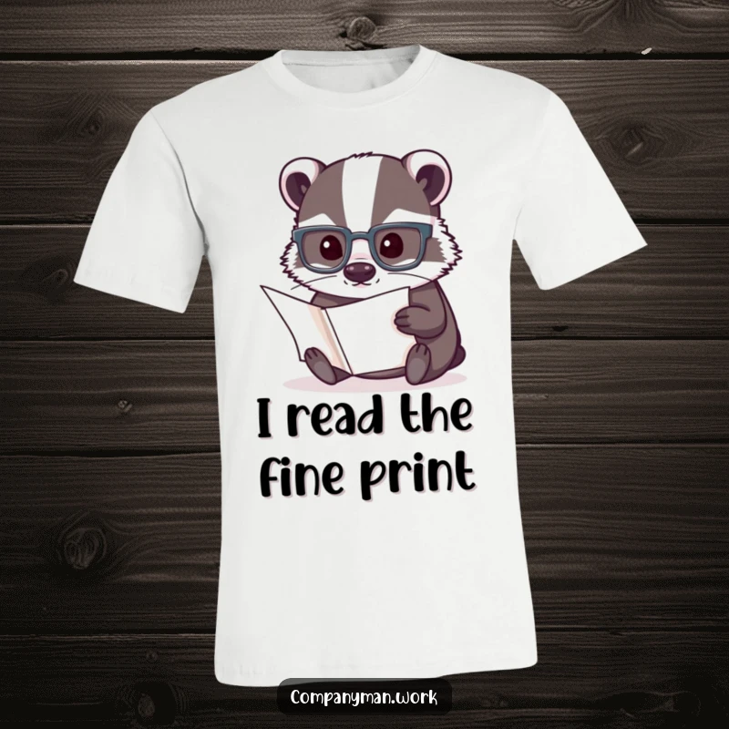 Funny t-shirt with a studious badger wearing reading glasses, intently reviewing a document, perfect for smart humor lovers.