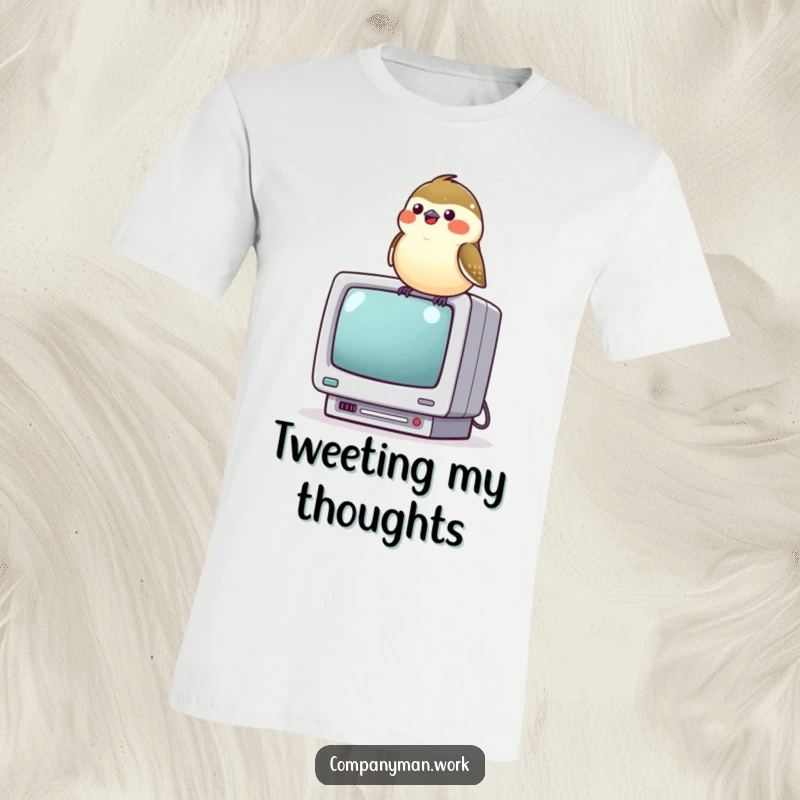 Funny chickadee joyfully perching on a miniature computer monitor, bringing tech humor and avian charm.