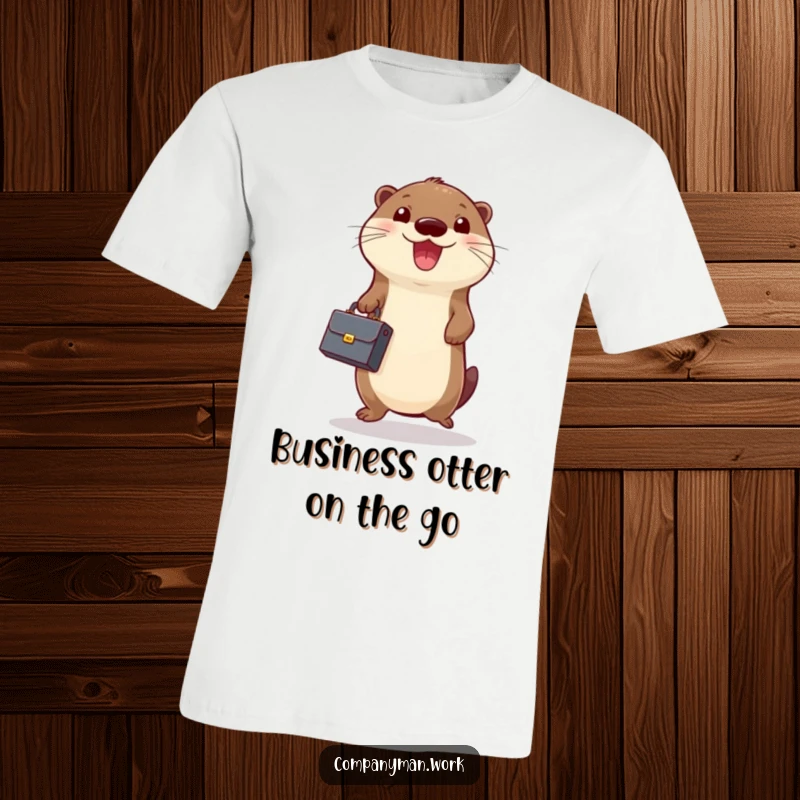 Funny T-shirt with a happy otter holding a miniature briefcase and jumping with excitement, radiating business enthusiasm.