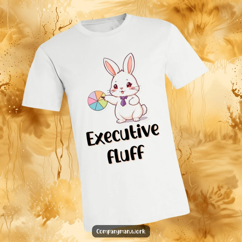 Funny T-shirt with a fluffy rabbit wearing a small tie, pointing animatedly at a pie chart, representing business acumen.