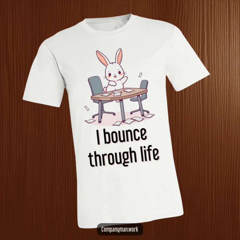 Funny playful bunny hopping onto a tiny conference table, scattering papers on a t-shirt, representing office disruption.
