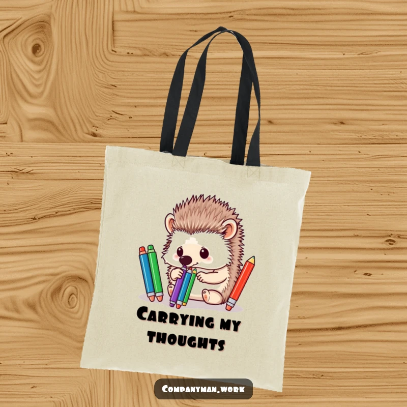 Funny hedgehog using its nose to sort pens, making this tote bag a charming and practical accessory for any organized individual.