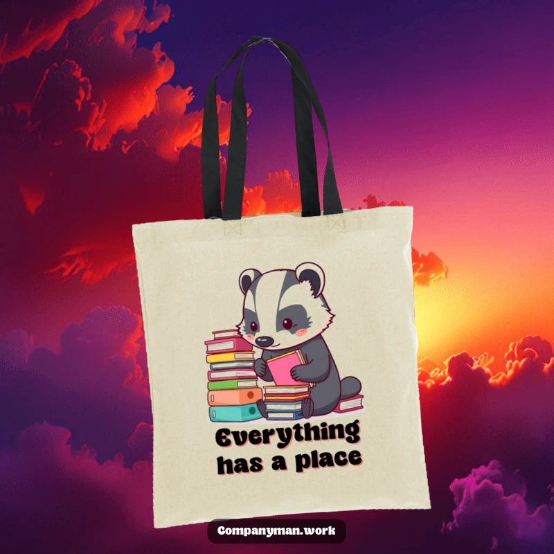 Funny tote bag showing a busy badger meticulously organizing tiny, colorful folders. A humorous and practical accessory for carrying essentials.