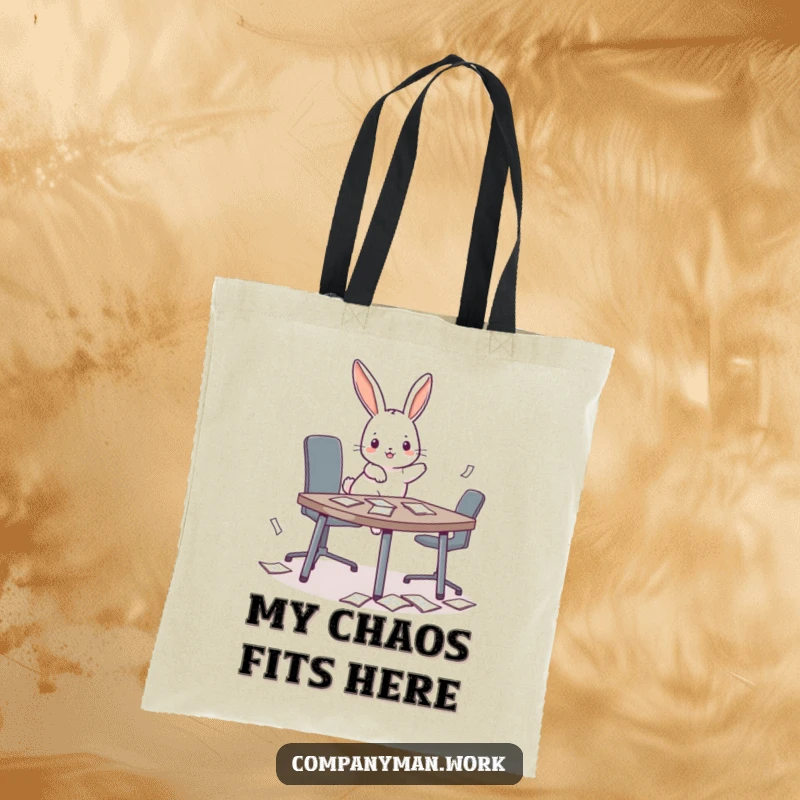 Funny playful bunny hopping onto a miniature conference table, scattering papers on a tote bag, symbolizing office mischief.