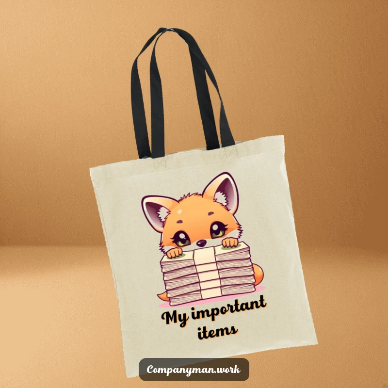 Funny curious fox cub peering over a large stack of important documents on a tote bag, symbolizing playful information gathering.