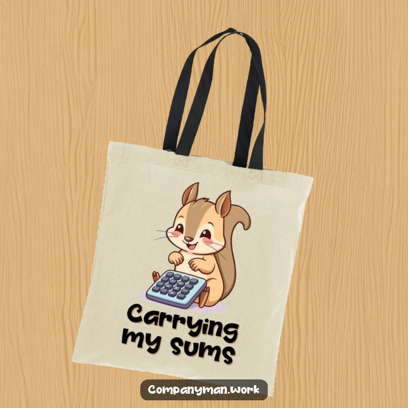 Funny squirrel engrossed in calculations on a tiny calculator, showcasing personality and making this tote bag a humorous statement.